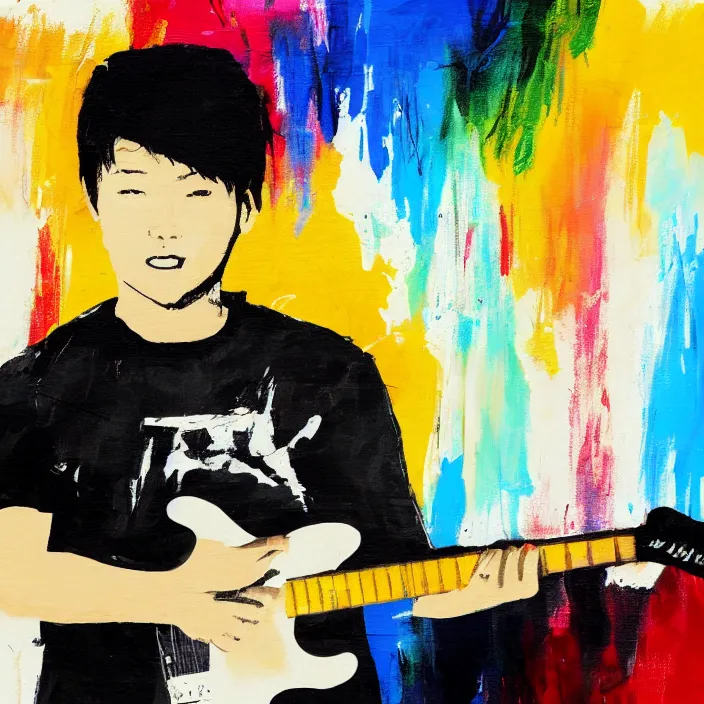 Image similar to minimal brush painting of a young korean man wearing black t shirt holding a telecaster electric guitar!!, dark background, huge dramatic brush strokes, matte colors, abstract, masterpiece, trending on artstation