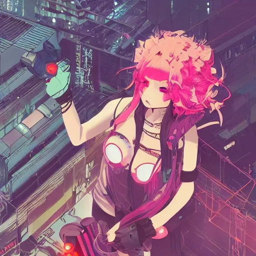 Image similar to very very high - angle, a grungy cyberpunk anime, very cute, by super ss, cyberpunk fashion, curly pink hair, night sky by wlop, james jean, victo ngai, highly detailed