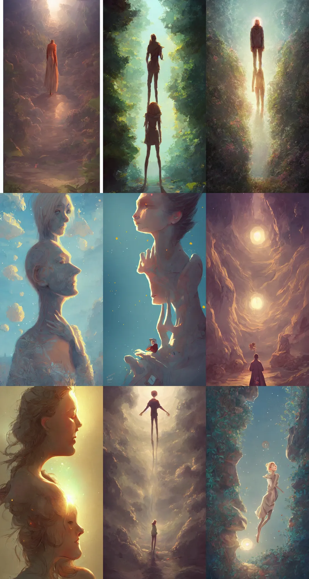 Prompt: A beautiful artwork illustration, a tall humanoid radiating curiosity and caring, exploring and looking around in an alternate universe, featured on artstation, wide angle, vertical orientation