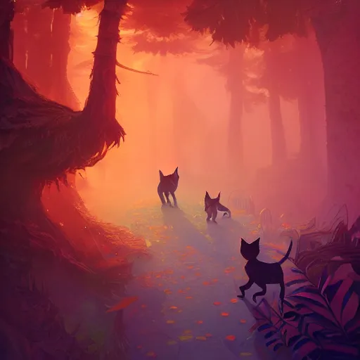 Prompt: cats walking through a magical forest, fantasy, intricate, elegant, highly detailed, digital painting artstation, blender, unreal engine 5, octane render, smooth, sharp focus, illustration, by Anton Fadeev and Philipp A. Urlich and Pengzhen Zhang and Andreas Rocha