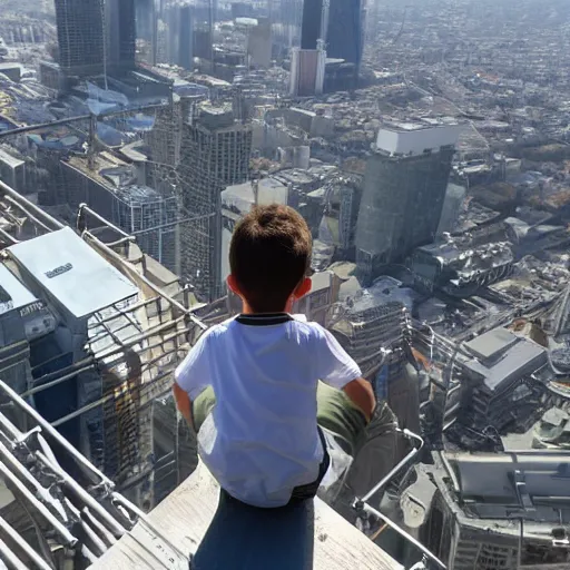 Prompt: a young boy sits on scaffolding on top of a large skyscrapers. He looks down