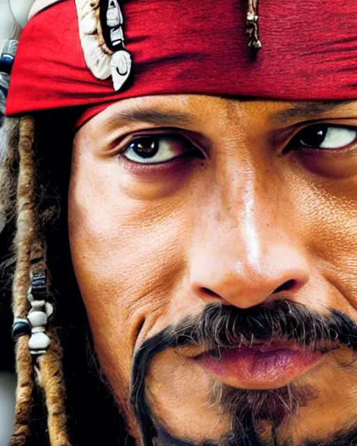 Prompt: Film still close-up shot of Dwayne Johnson as Captain Jack Sparrow with Dwayne The Rock Johnsons face from the movie Pirates of the Caribbean. Dwayne The Rock Johnson Photographic, photography