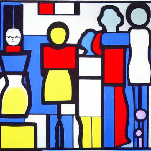 Prompt: A beautiful painting of a group of people standing in a line. They are all facing the same direction and appear to be waiting for something. Gucci, electric color, quartz by Piet Mondrian