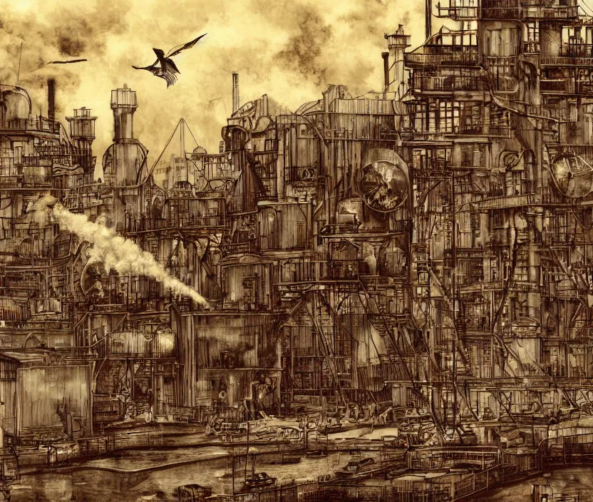 Image similar to A golden maroon steampunk factory on a harbor close to the ocean with cloudy skies in the fall months of october with steam shooting into the sky and polluting the sky, very nostalgic, very melancholic, dramatic angle, rotoscoped, rotoscope, photoshop, photomanipulation, realism, painting, illustration and sketch, weird scribbles, hybrid styles, hybrid art styles, mismatched, trending on artstation, trending on deviantart, weird, quirky, interesting, very detailed, highly detailed, HD Quality, 4k resolution, 8k resolution, in the style of David Firth, in the style of James Lee, in the style of Drue Langlois,