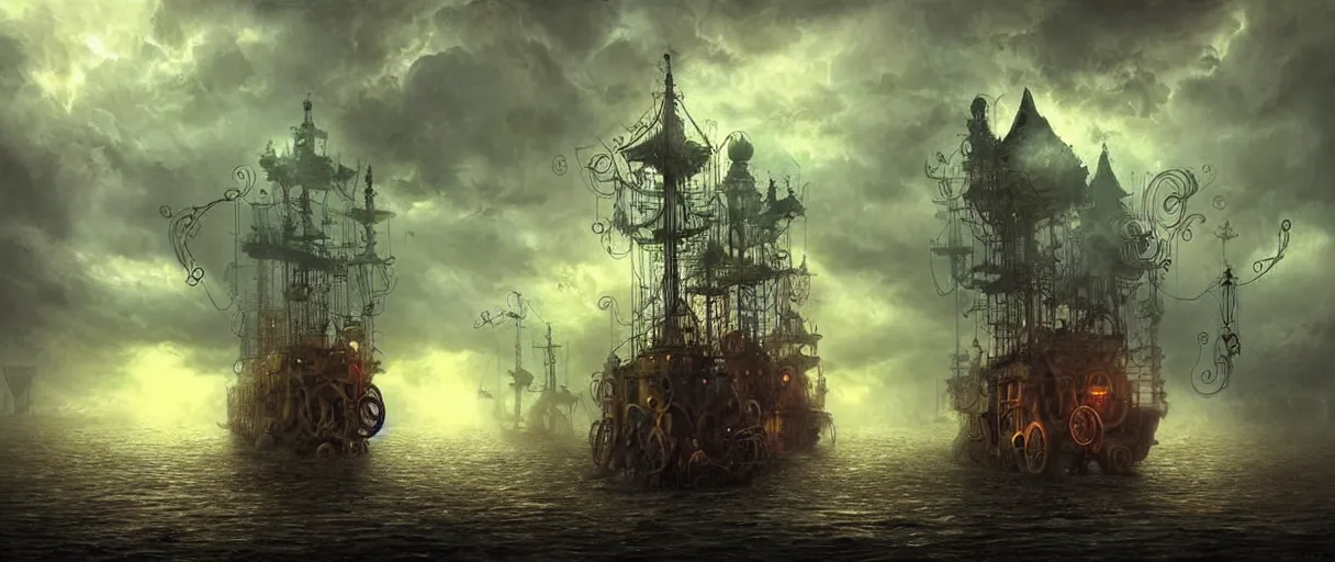Image similar to steampunk cruising ship sailing at miniature maze with lighting volumetric storms, nice huge insane godrays, god helping mystic soul by, gediminas pranckevicius