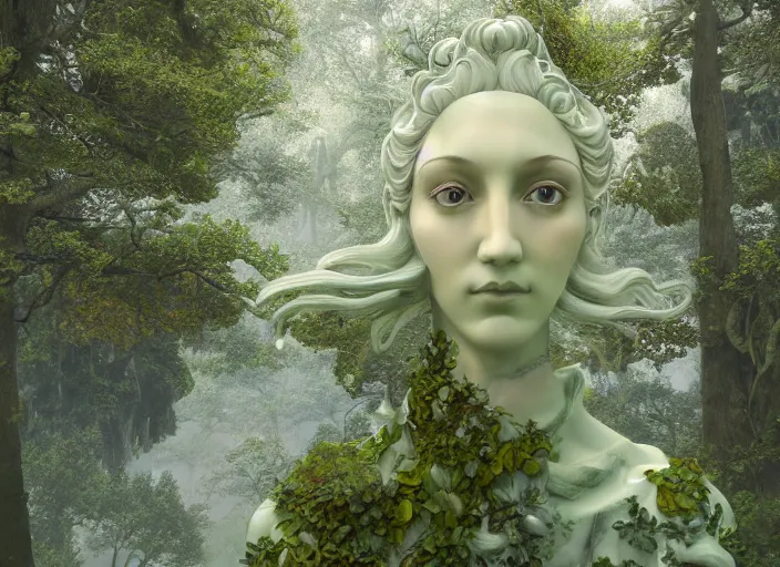 Image similar to an idealistic marble statue with fractal flowery hair and fair porcelain face and green eyes, in a magical forest, painted by, mc escher, gordon onslow ford, georgia o'keeffe and ivan aivazovsky, cinematic light, god rays, colourful, unreal engine, zbrush central,