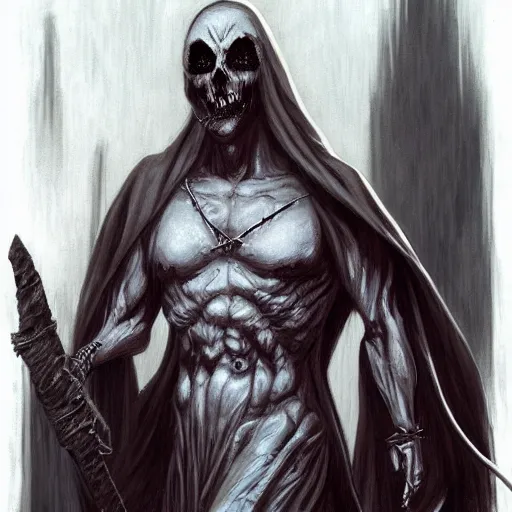 Image similar to wraith, undead, dynamic pose, skull, terrifying, dark, fog, art by brom