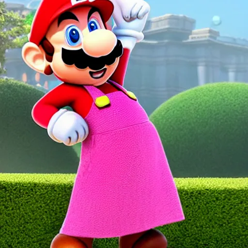 Image similar to mario from super mario wearing a pink dress, pixar animation