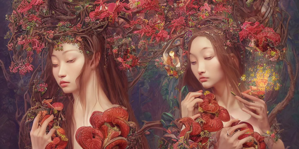 Image similar to breathtaking detailed concept art painting of the goddess of rafflesia arnoldii flowers, orthodox saint, with anxious, piercing eyes, ornate background, amalgamation of leaves and flowers, by Hsiao-Ron Cheng, James jean, Miho Hirano, Hayao Miyazaki, extremely moody lighting, 8K