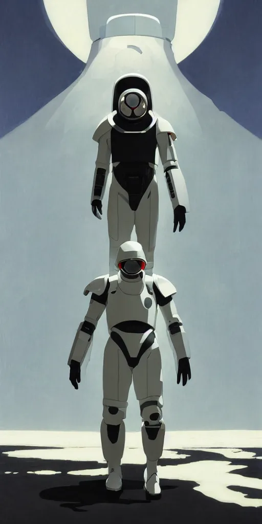 Prompt: a man with a futuristic white space armor walking out of a black spaceship, in the style of studio ghibli, j. c. leyendecker, greg rutkowski, artem