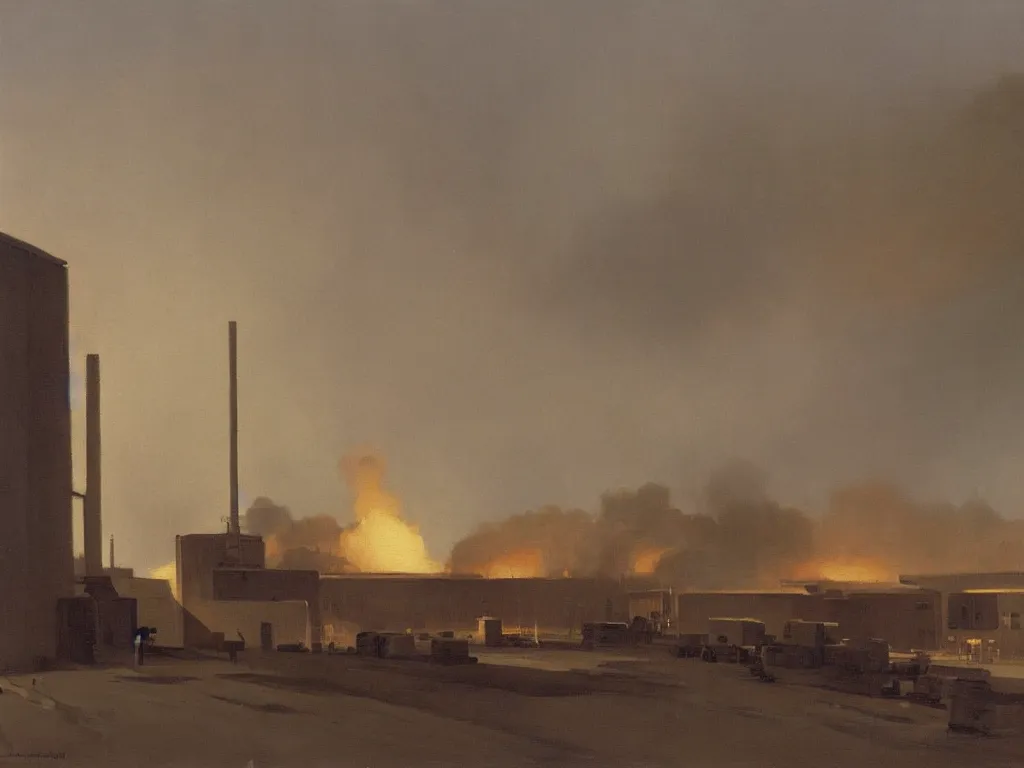 Image similar to a painting of an explosion in a factory by peter ilsted