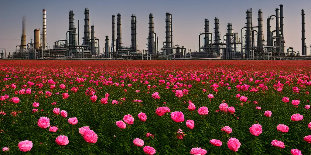 Image similar to a beautiful big field of rosses with in the background industry buildings with dirty smoke oil refinery, f / 2. 8, global illumination, by zeng fanzhi