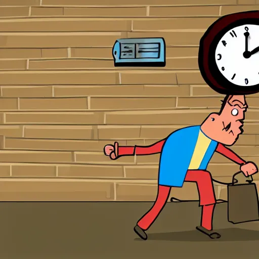 Image similar to a man being dragged by a giant angry alarm clock with arms and legs. cartoon illustration. semi-realistic