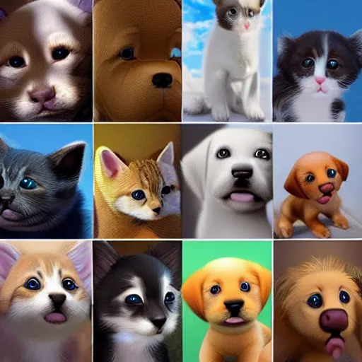 Image similar to photorealistic puppies, kittens, and rainbows. hyperdetailed photorealism, 1 0 8 megapixels, amazing depth, high resolution, 3 d shading, 3 d finalrender, 3 d cinematic lighting, glowing rich colors, artstation concept art.