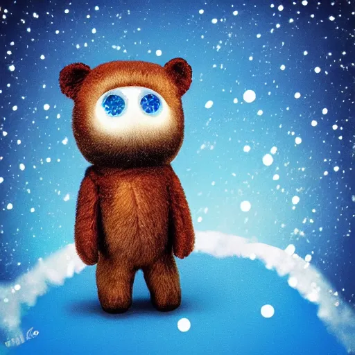 Prompt: a downy polabear with crystal eyes wandering in a winter wonderland ; acid blue sky background