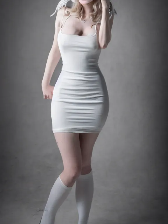 Image similar to 2 8 mm studio photo of gorgeous seductive emily skinner cosplaying annie leonhart wearing tight white dress, beautiful face, pale skin, rule of thirds, cinematic lighting, sharp focus, backlit, stunning, smooth, hard focus, glamour pose, full body shot