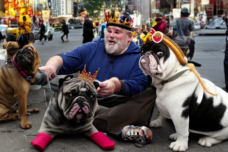 Prompt: Buddy the graying middle aged homeless man playing xbox and petting an english bulldog wearing a crown, dog wearing a crown, humans of new york