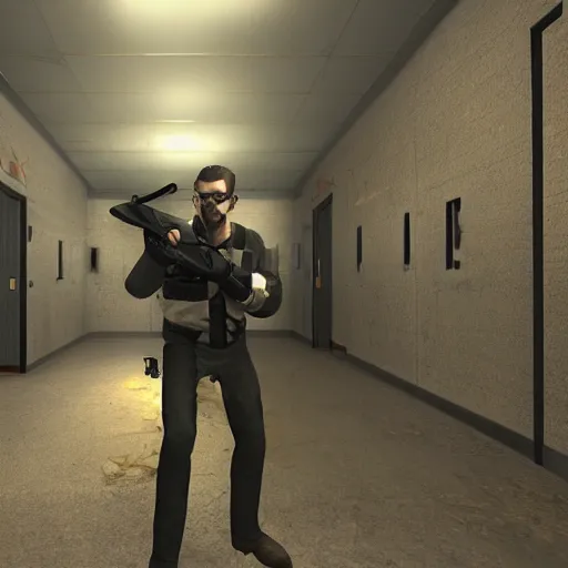 Image similar to gordon freeman vs james bond photorealistic gun fight in an abandoned hospital halflife goldeneye