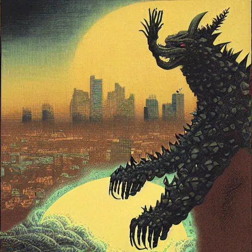 Prompt: A beautiful digital art of a large, monster looming over a cityscape. The monster has several eyes and mouths, and its body is covered in spikes. It seems to be coming towards the viewer, who is looking up at it in fear. Ukiyo e by Odd Nerdrum tranquil