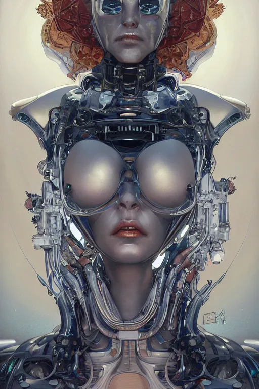 Prompt: portrait of mad alien robot queen, symmetrical, by yoichi hatakenaka, juan gimenez, brom, karol bak, alphonse mucha, james jean, drawing, illustration, cgsociety and artstation, clear line