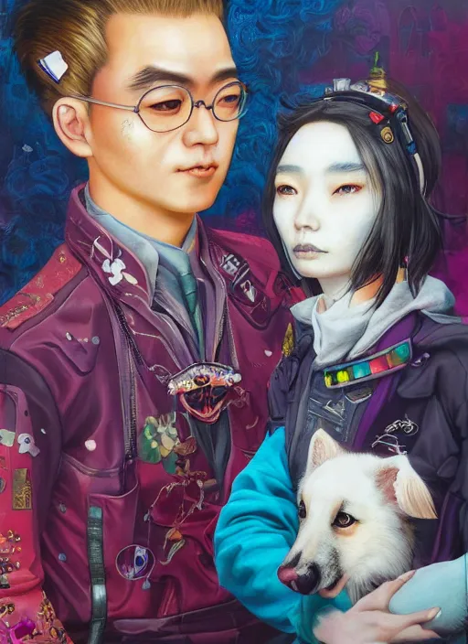 Prompt: beautiful portrait painting of a cute Taiwan lofi cyberpunk princess and her corgi assassin king, by Afarin Sajedi, Alessandro Barbucci, Alex Gross, Shin Jeongho, Shohei Otomo. trending on Artstation, 8k, masterpiece, face enhance, graffiti paint, fine detail, full of color, intricate detail, golden ratio illustration