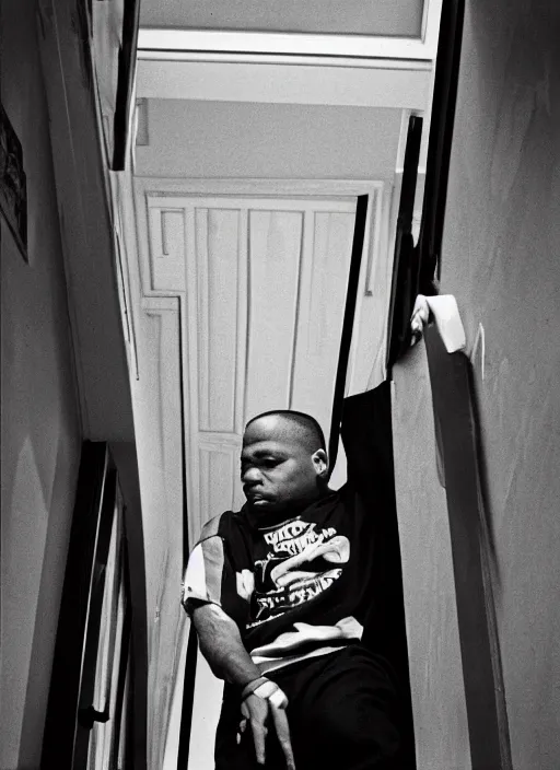 Image similar to Portrait of a 1990s Philadelphia b-boy looking back while exiting his apartment, hand on the doorknob, photographed for Reuters, Kodak Portra 400, 25mm f/1.8, light diffusion, contrast, film grain, 8k archival print, after Petrus van Schendel