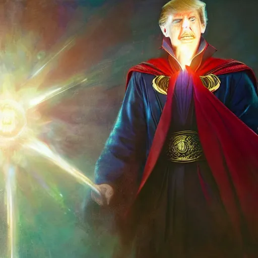 Image similar to donald trump as doctor strange, radiant light, caustics, heroic, bright iridescent light, by gaston bussiere, bayard wu, greg rutkowski, maxim verehin