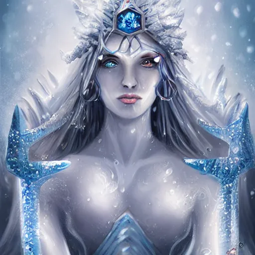 Prompt: auril, goddess of winter, crystalline woman made of ice wielding a warhammer made of ice, digital art, trending on artstation, portrait