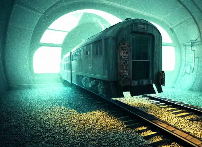 Prompt: hyperealistic underwater old train with glowing window, high detailed, misty glows, seaweed, digital art, octane render