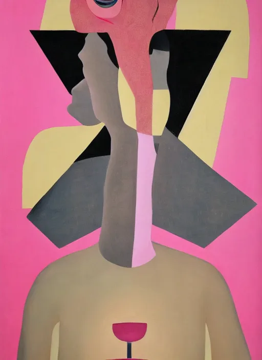 Prompt: a painting of a person with a pink background, a minimalist painting by Francesco Clemente, behance, suprematism, poster art, concert poster, movie poster