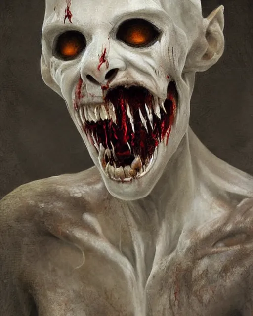 Prompt: Horrifying detailed painting of a pale, emaciated humanoid creature. It has sharp teeth and claws with pale milky eyes; snow, woods, blood; dark cinematic lighting, hyper detailed, moody; painted by Greg Rukowtski