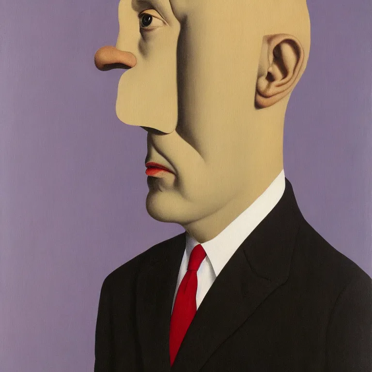 Prompt: portrait of man in a suit with hidden face by rene magritte, detailed painting, hd, hq, high resolution, high detail, 4 k, 8 k