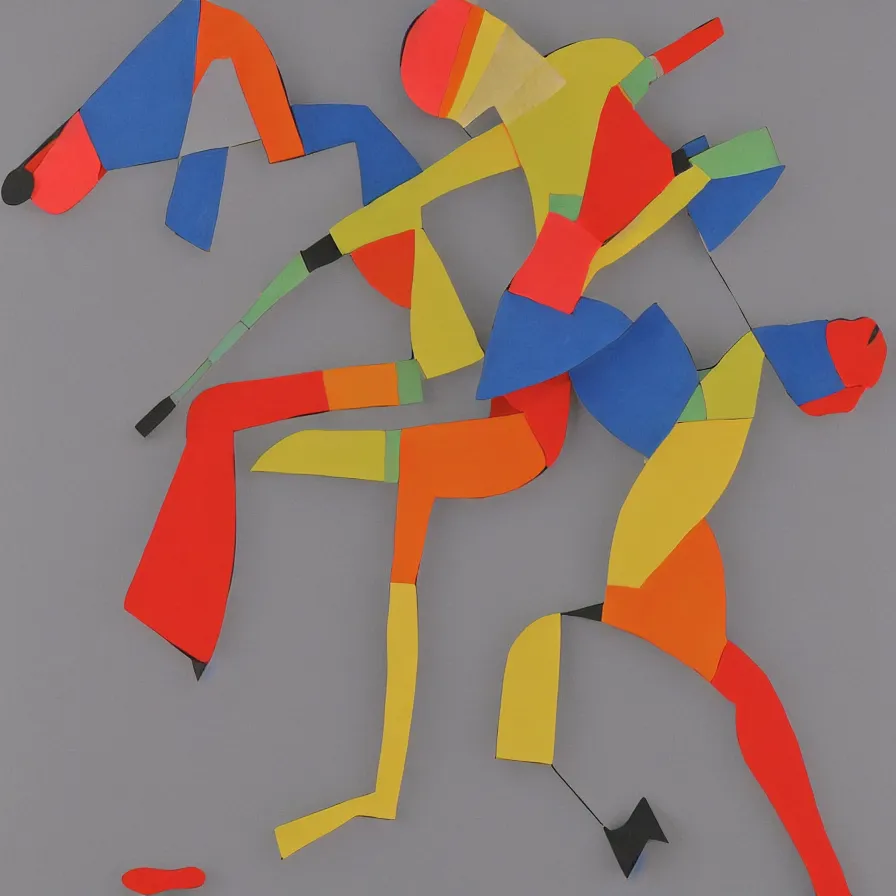Image similar to clay sculpture of a silhouette of a fast cyclist in a minimalist collage of geometric shapes, tetrachromacy, primary colors, in the style of ikko tanaka, japanese graphic design, 1 9 9 0