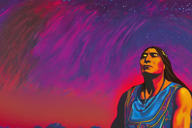 Image similar to digital art of a spiritual native american man looking up at the stars, acrylic art, universe, painting, pastel colors, synthwave, retro, cyberpunk,