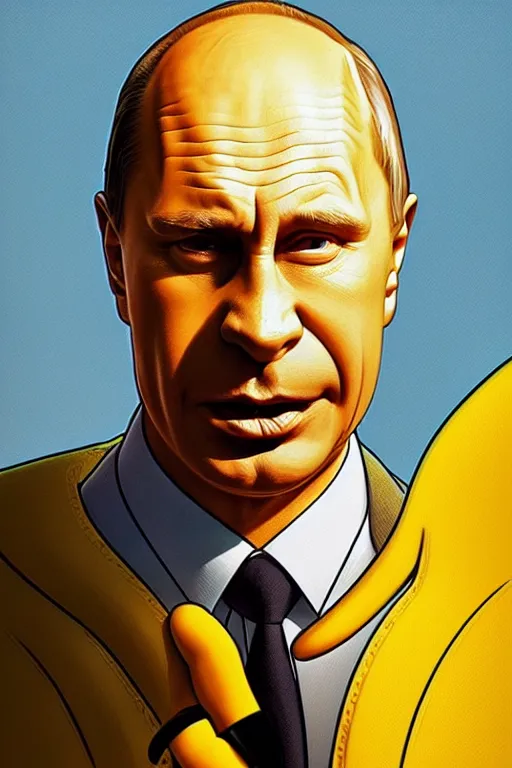 Image similar to vladimir putin as a yellow funny stupid homer simpson, realistic portrait, symmetrical, highly detailed, digital painting, artstation, concept art, smooth, sharp focus, illustration, cinematic lighting, art by artgerm and greg rutkowski and alphonse mucha