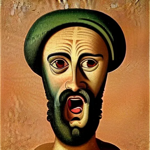 Image similar to portrait of ancient silly greek man with big eyes and sharp nose and open mouth. fine detail. artistic painting by lurid