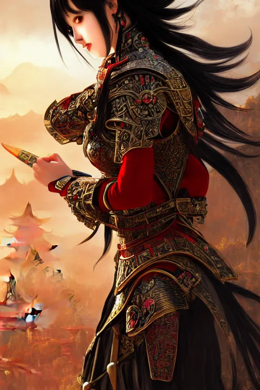 Image similar to portrait black hair young knights of Dynasty Warriors girl, metallic red armor, in ruin chinese temple rooftop sunset, ssci-fi and fantasy, intricate and very beautiful and elegant, highly detailed, digital painting, soft light, artstation, concept art, smooth and sharp focus, illustration, art by tian zi and WLOP and alphonse mucha