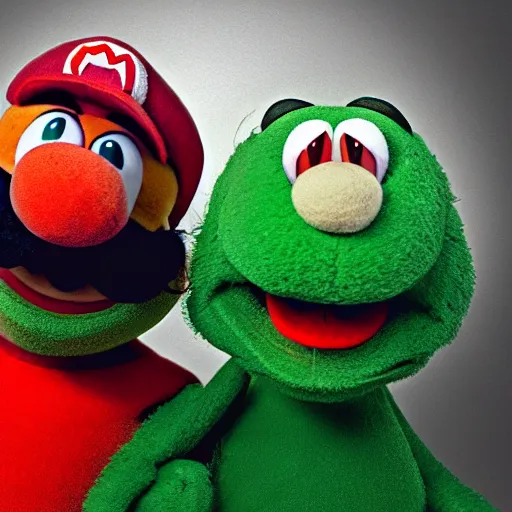 Prompt: A full body still of Mario and Luigi as muppets, photo real, photographic, photograph, artstation, trending, award winning, epic lighting, featured