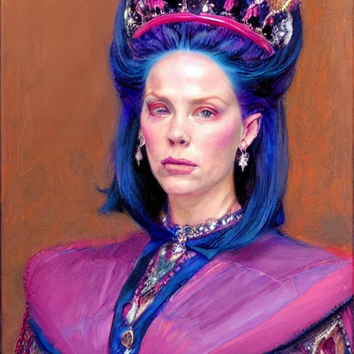 Image similar to frontal portrait of a queen dressed in blue and pink, by donato giancola.