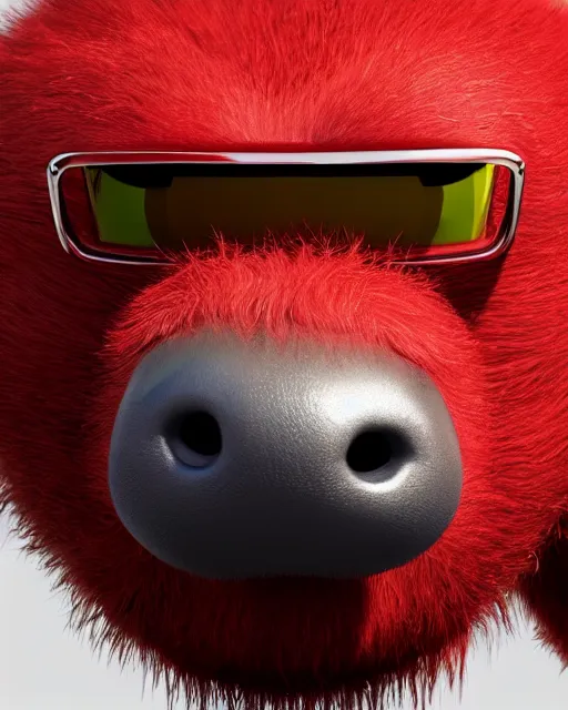 Prompt: 3 d render of completely red hairy friendly antropomorphic robust creature wearing chrome shades, without nose, full body, in the style of pixar, white background, unreal engine 5, octane render, highly detailed hdr