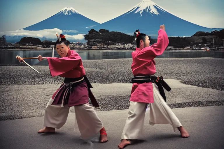 Image similar to beautiful photo of a geisha samurai warrior, mt fuji in the background, mid action swing, shining silver katana sword, award winning photo, muted pastels, action photography, 1 / 1 2 5 shutter speed, dramatic lighting