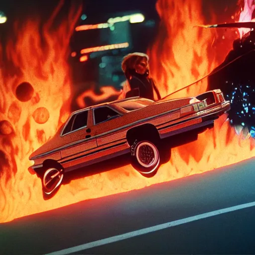 Prompt: Film still of Los Angeles Vice Squad 2050 (1990). Epic chase scene where the villian drives his flaming car off cliff. Sigma 85mm f/8