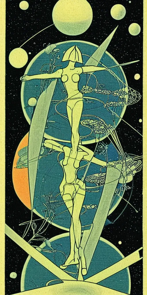 Image similar to 1968 science fiction tarot card, cut out collage, Jugendstil, xerox punk, spring on Saturn, epic theater, deep sea, mountain plants, nouvelle vague, drawings in part by moebius, part by Ernst Haekl, text by William S Boroughs, composition by bauhaus