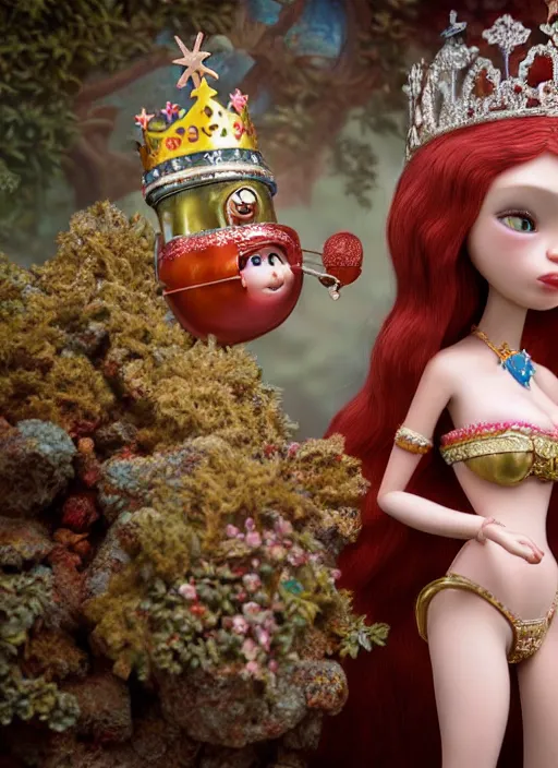 Image similar to highly detailed closeup, face profile portrait of a tin toy fairytale princess wearing a crown eating cakes, bikini, unreal engine, nicoletta ceccoli, mark ryden, earl norem, lostfish, global illumination, detailed and intricate environment