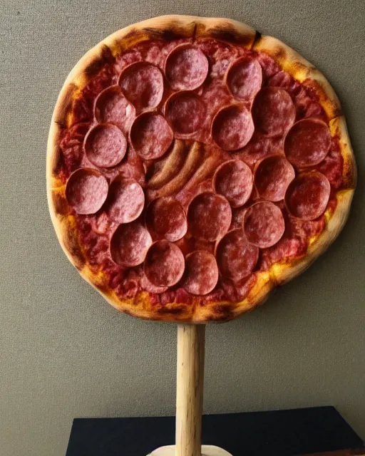 Prompt: wooden carving statue of a pepperoni pizza, product picture, ebay listing thumbnail