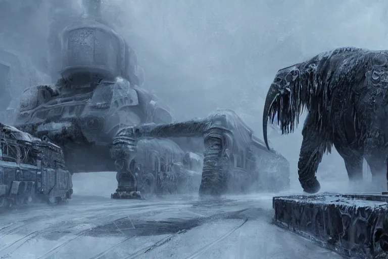 Image similar to an intricate futuristic black steam train and a giant mammoth, post - apocalyptic ice landscape in snowstorm, concept art, artstation, highly detailed, digital art