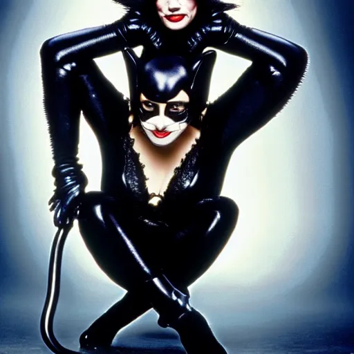 Image similar to boris johnson as catwoman, pfeiffer, burton, berry, film, movie