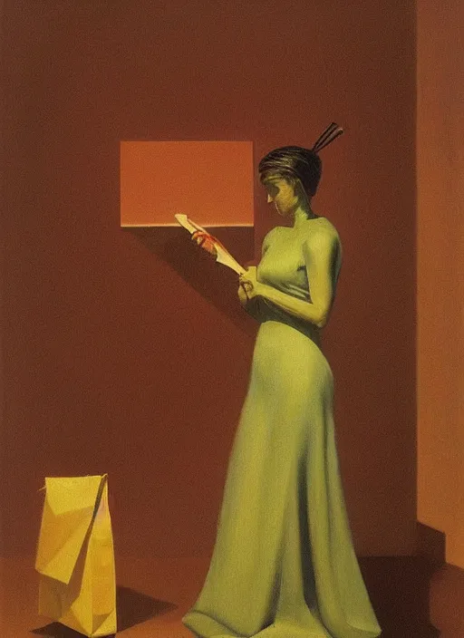 Image similar to woman with a paper bag over the head and a sward melted with social media phone Edward Hopper and James Gilleard, Zdzislaw Beksinski, Steven Outram highly detailed