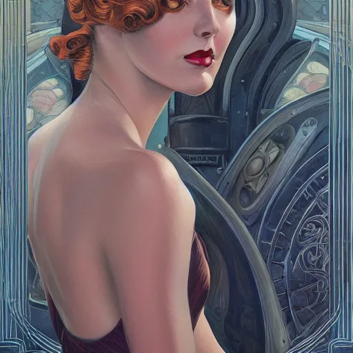 Image similar to a streamline moderne, ( art nouveau ), ( ( dieselpunk ) ) portrait in the style of charlie bowater, and in the style of donato giancola, and in the style of charles dulac. symmetry, ultrasharp focus, dramatic lighting, semirealism, intricate symmetrical ultrafine background detail.