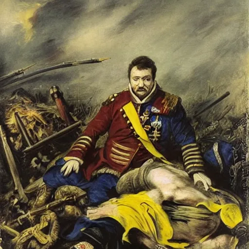 Image similar to Volodymyr Zelensky at war, dressed like Napoleon Bonaparte, sitting on the ground between dead corpses and weeping, holding a half burnt blue and yellow flag of Ukraine, sharp focus, in the style of Peter Paul Rubens